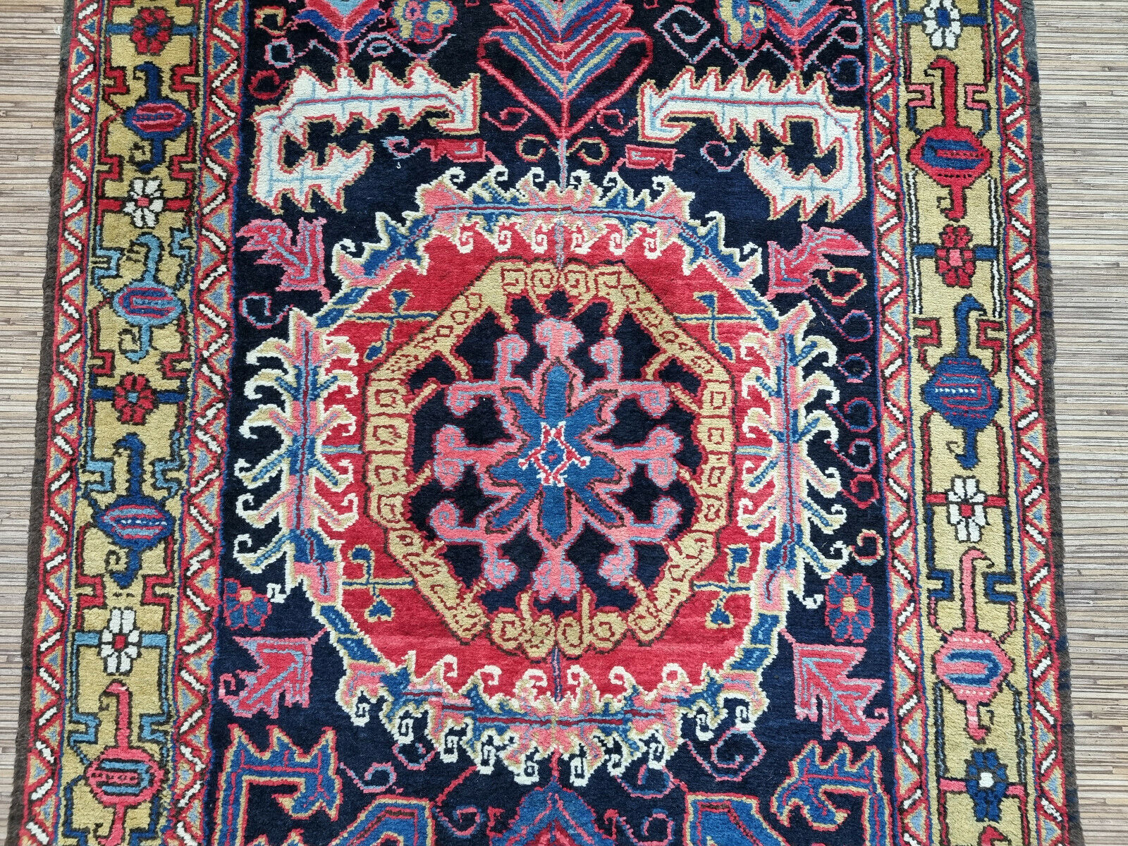 Close-up of bold and expressive design on Handmade Antique Persian Heriz Runner Rug - Detailed view emphasizing the bold and expressive design characteristic of the Persian Heriz style.