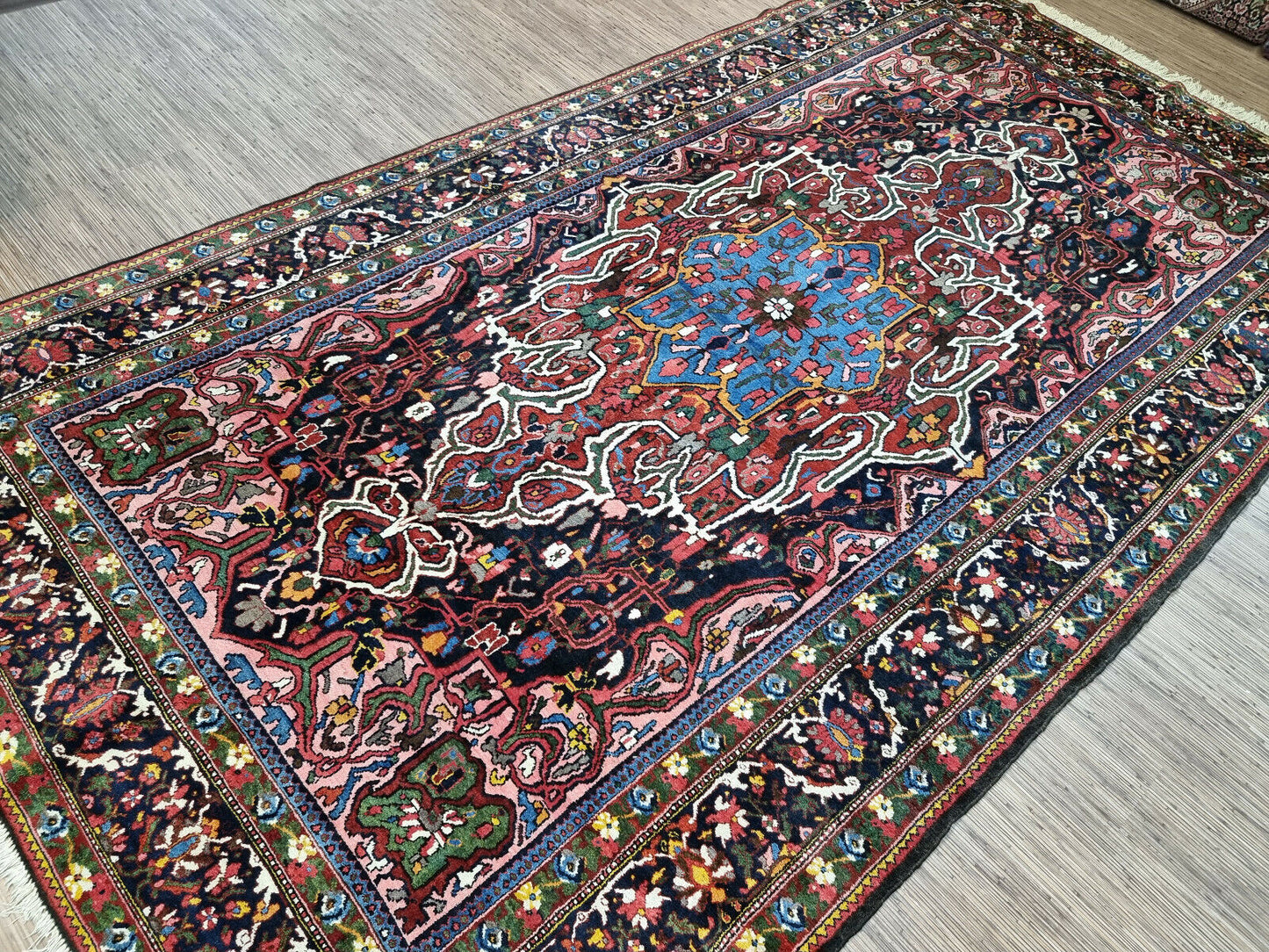 Close-up of charm and sophistication on Handmade Antique Persian Bakhtiari Rug - Detailed view showcasing the charm and sophistication brought by the intricate designs.