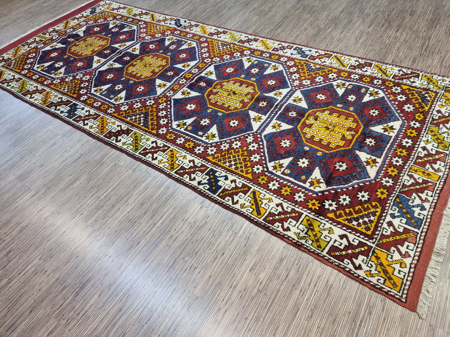 Artistic display of the Handmade Antique Turkish Anatolian Runner Rug defining a narrow space
