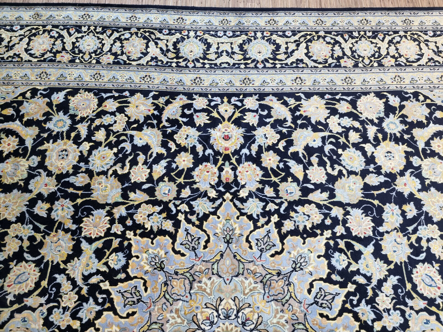 Close-up of Dark Base Color, Likely Navy or Black, on Vintage Persian Kashan Rug - 1970s