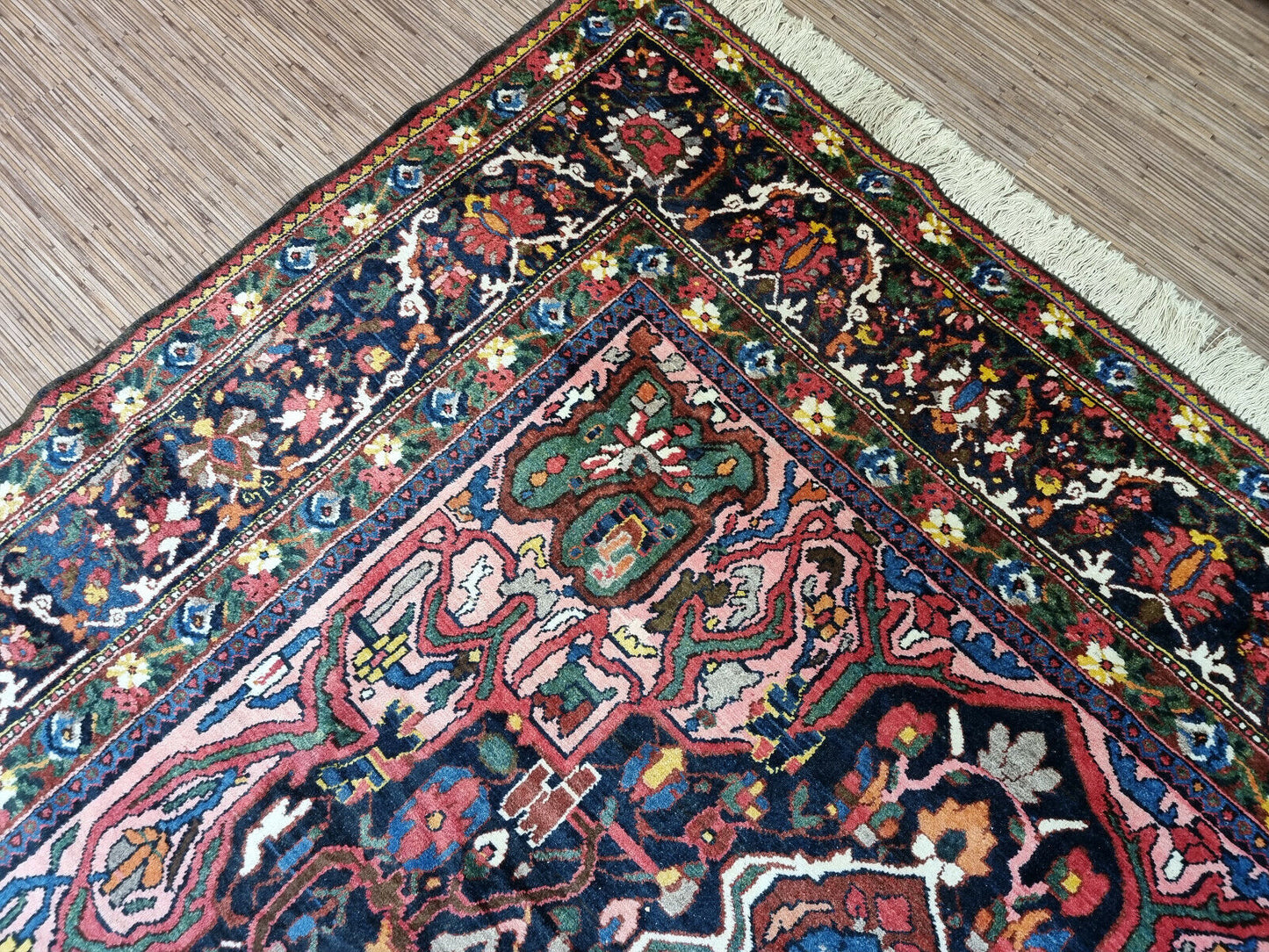 Close-up of enduring quality on Handmade Antique Persian Bakhtiari Rug - Detailed view showcasing the durability and longevity of the rug.