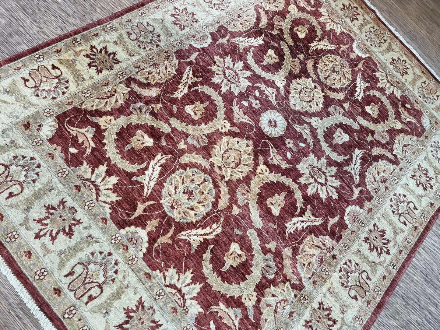 Close-up of durability on Handmade Vintage Afghan Zigler Rug - Detailed view showcasing the durability of the rug's construction and material.