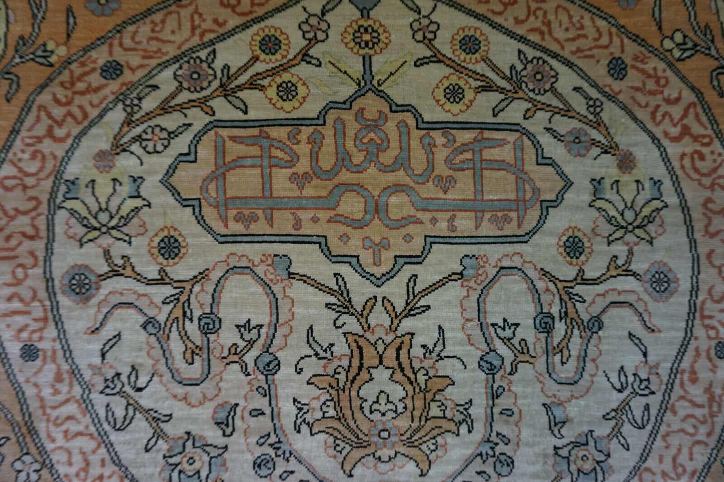 Overhead shot of the Handmade Vintage Turkish Hereke Silk Rug displaying size and dimensions