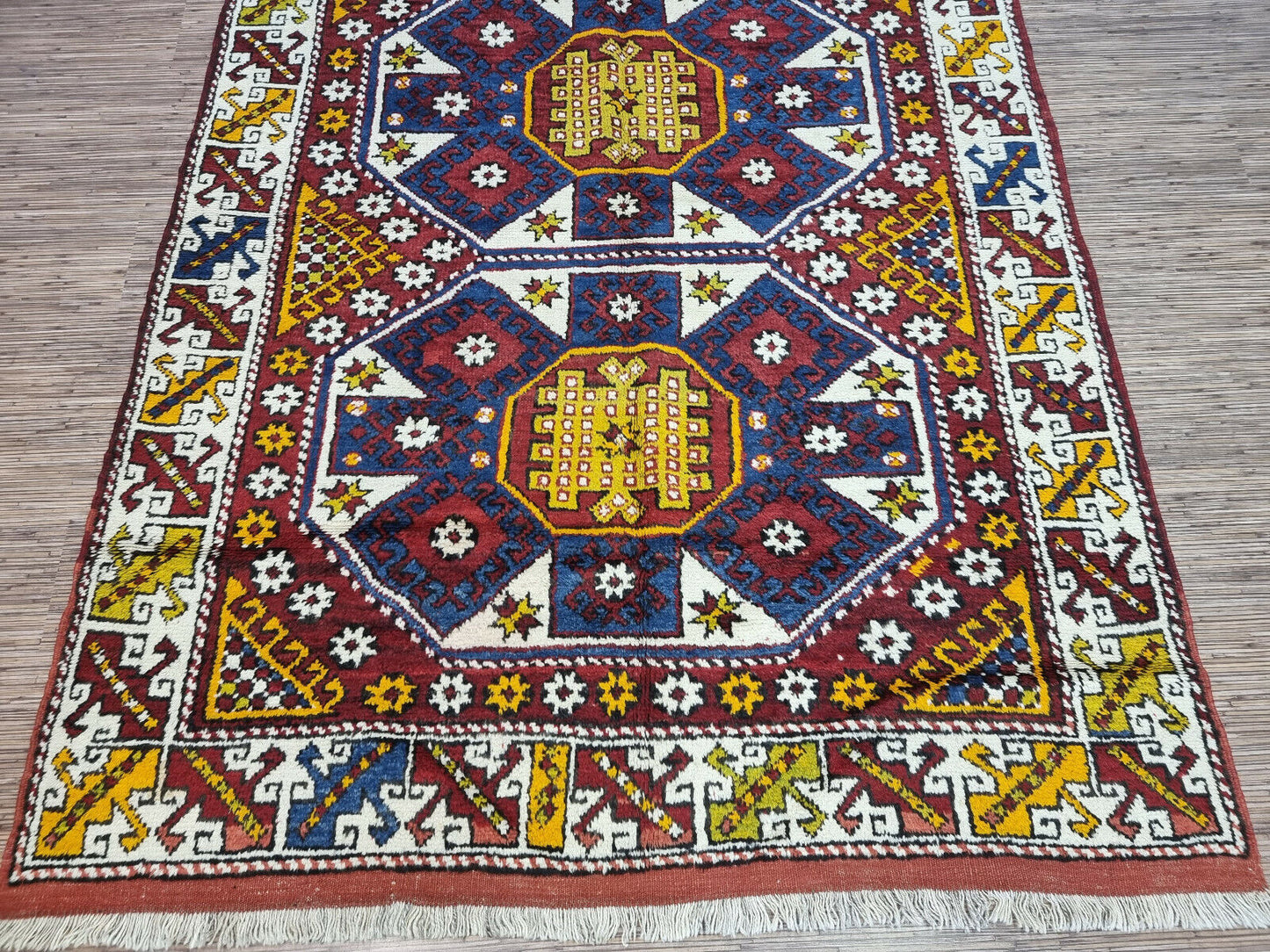 Overhead shot of the Handmade Antique Turkish Anatolian Runner Rug displaying size and dimensions