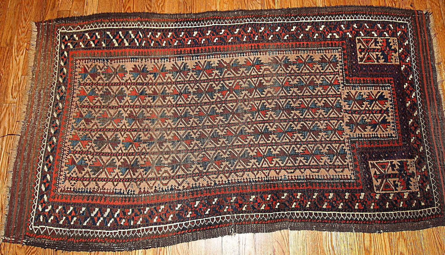 Handmade antique collectible Afghan prayer Baluch rug 2.10' x 5.3' (91cm x 161cm) 1880s - 1B219 - One Royal Art