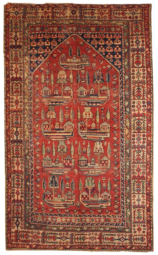 Antique Turkish Prayer Rug with Red Field, Beige and Navy Blue Accents - Front View