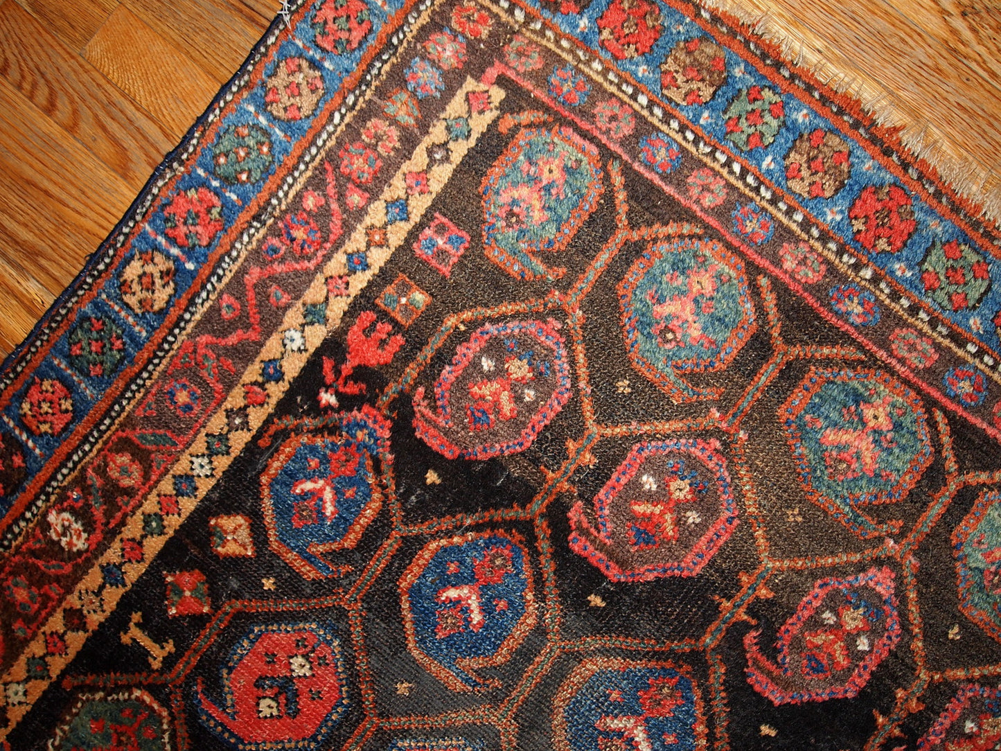 Antique Persian Kurdish rug in chocolate brown shade with repeating pattern. This rug is in original good condition.