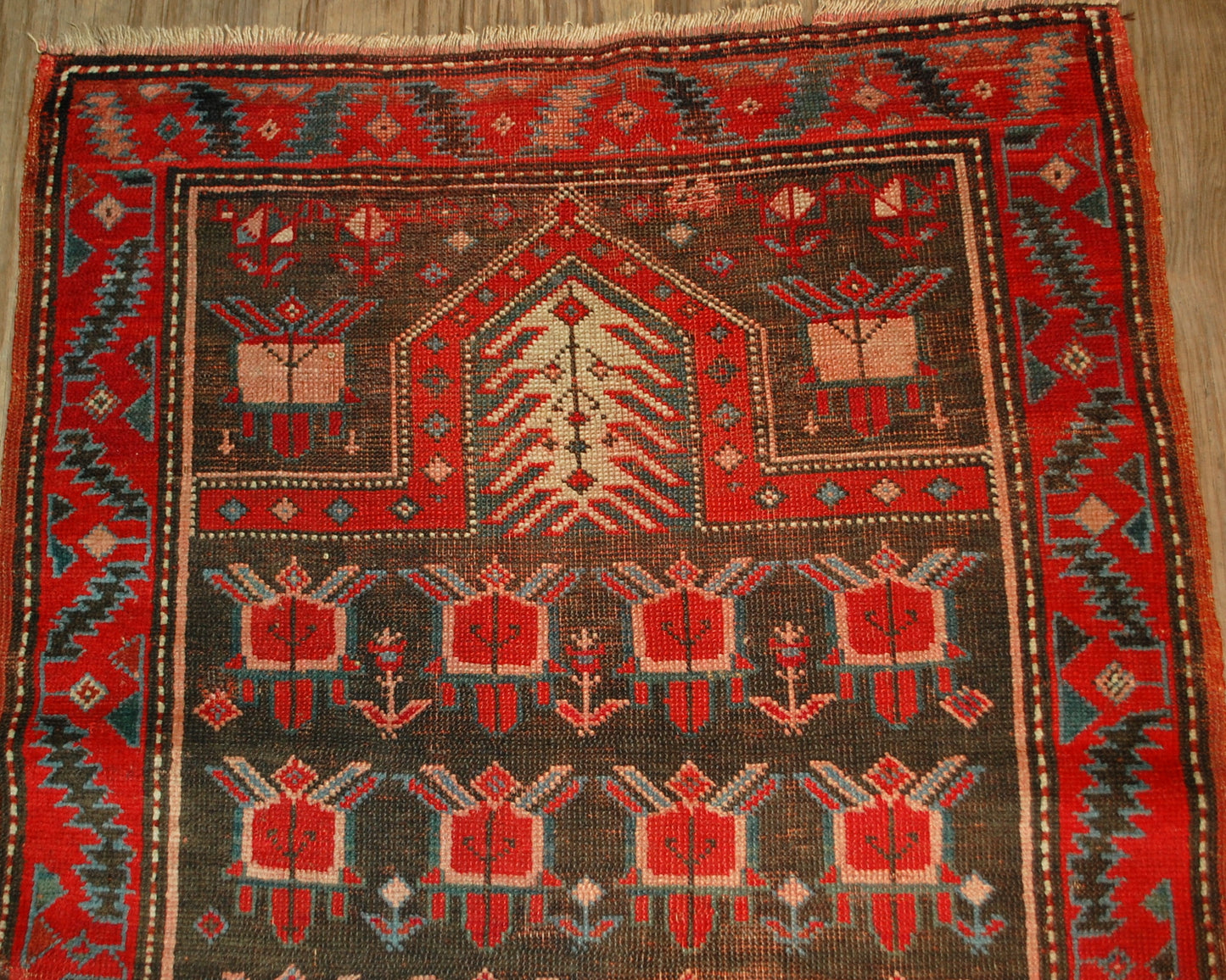 Antique hand made Russian Karabagh rug in original condition, it has some signs of age. The rug is prayer from the end of 19th century.