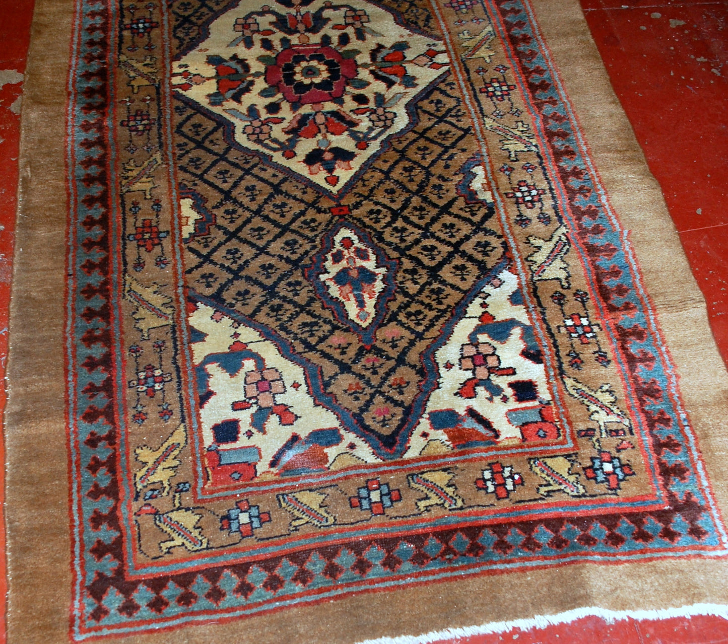 Handmade antique Camel Hair runner in original good condition from the end of 19th century. This runner is wide and 15 feet long.