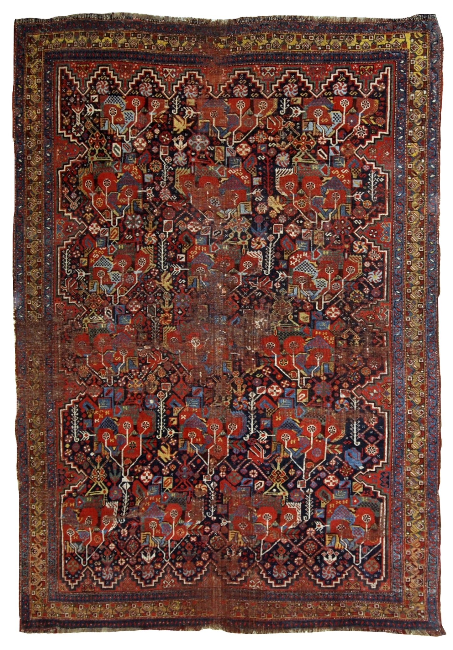 Handmade antique collectible Persian Khamseh rug 1840s