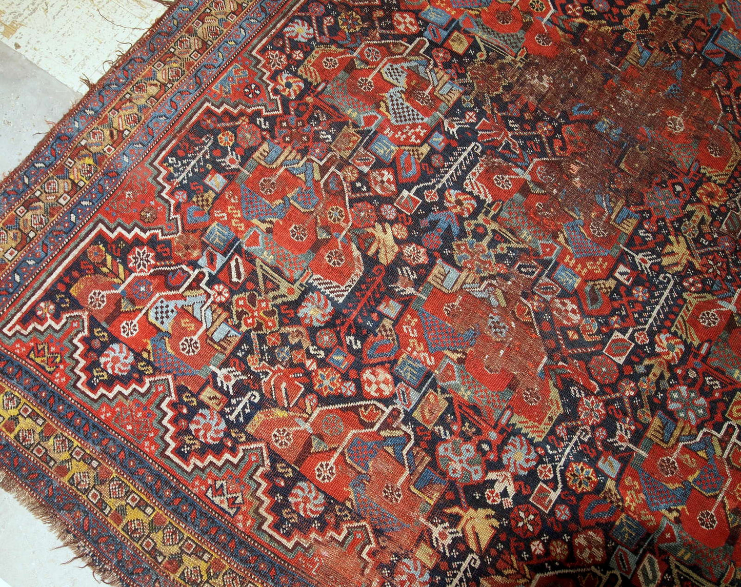 Handmade antique collectible Persian Khamseh rug 1840s