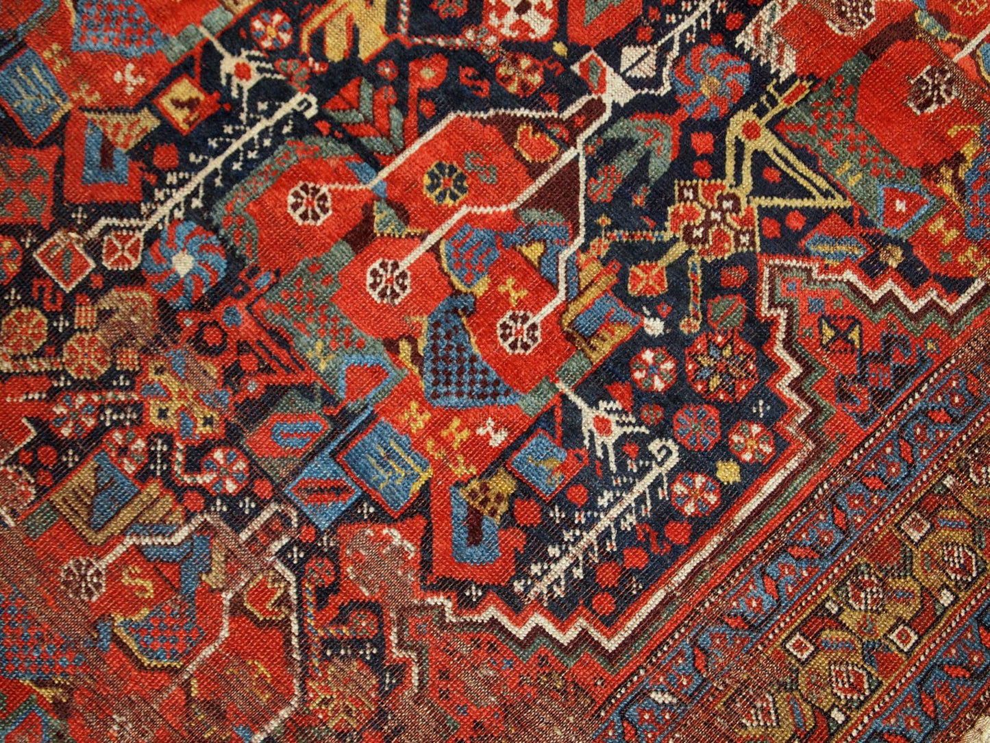 Handmade antique collectible Persian Khamseh rug 1840s