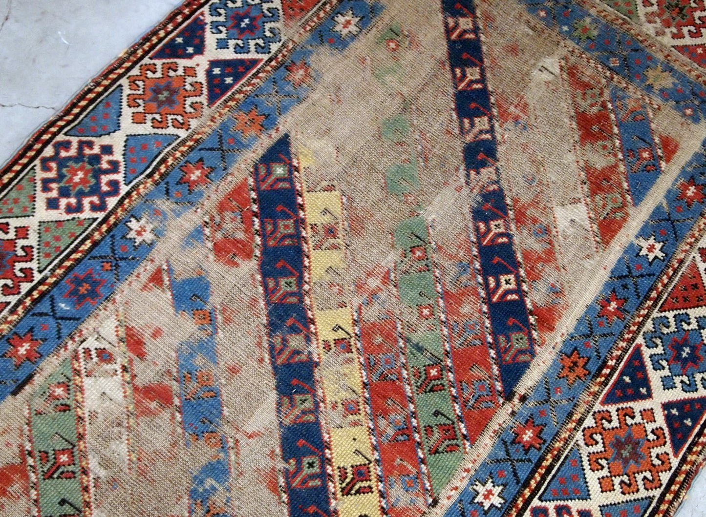 Handmade antique distressed Caucasian Gendje rug 1870s