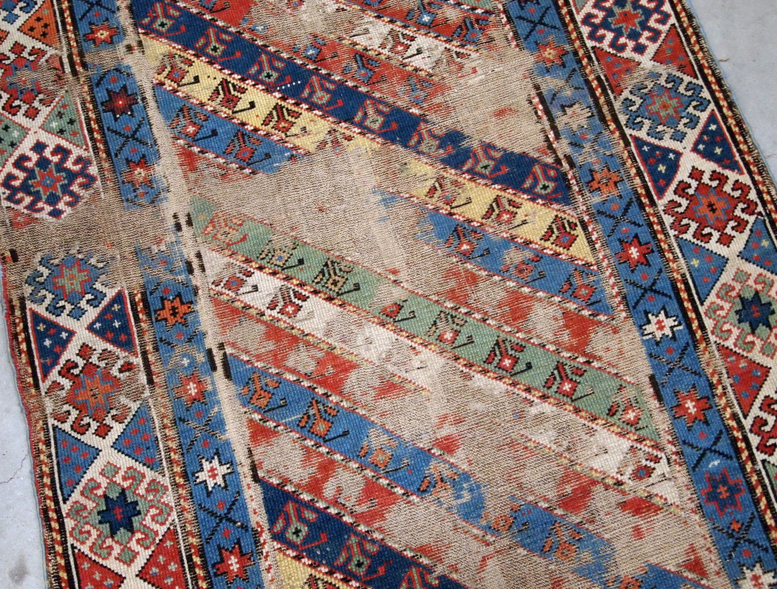 Handmade antique distressed Caucasian Gendje rug 1870s