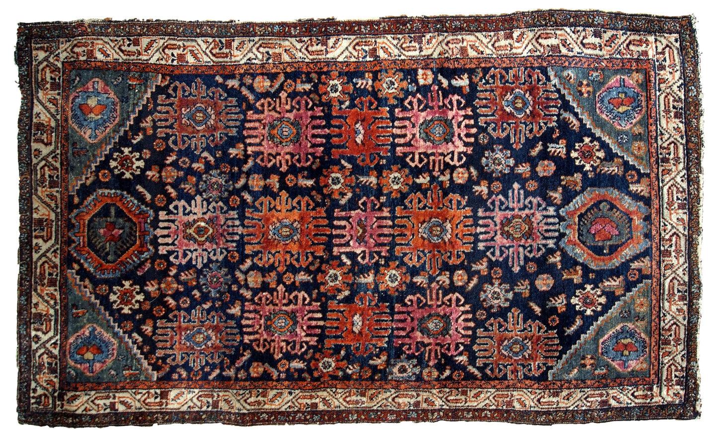 Handmade antique Malayer rug from the beginning of 20th century. The rug is in original good condition, has all-over design on navy blue background.