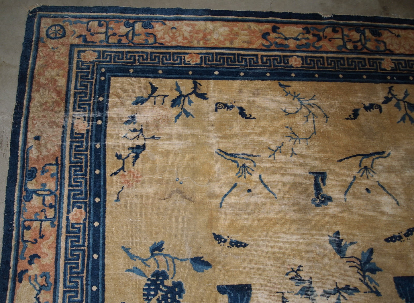 Handmade antique collectible Chinese Ningxia rug in yellow shade. The rug is in original condition, has age wears.