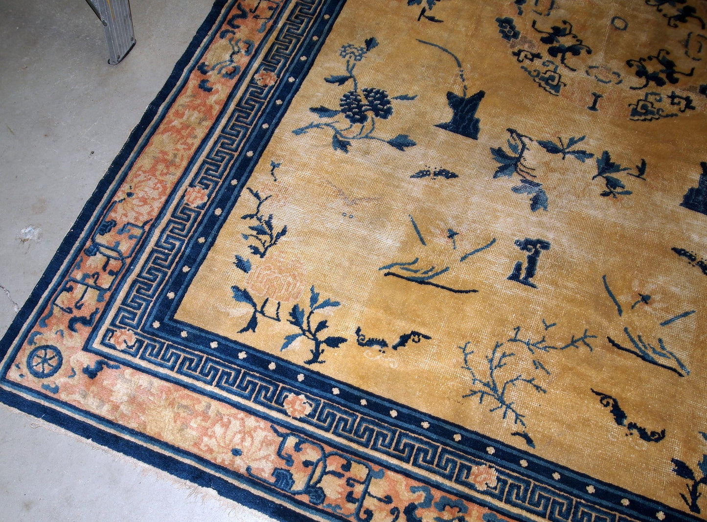 Handmade antique collectible Chinese Ningxia rug in yellow shade. The rug is in original condition, has age wears.