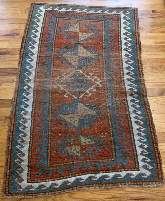 Handmade antique collectible Caucasian Kazak rug 1880s