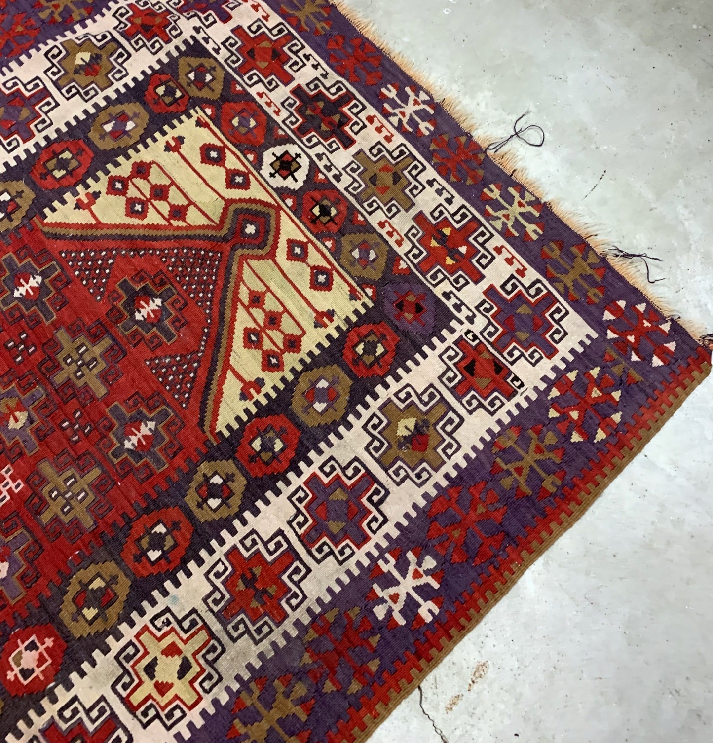 Handmade antique prayer Turkish kilim in bright shades. The rug is from the beginning of 20th century in original good condition.