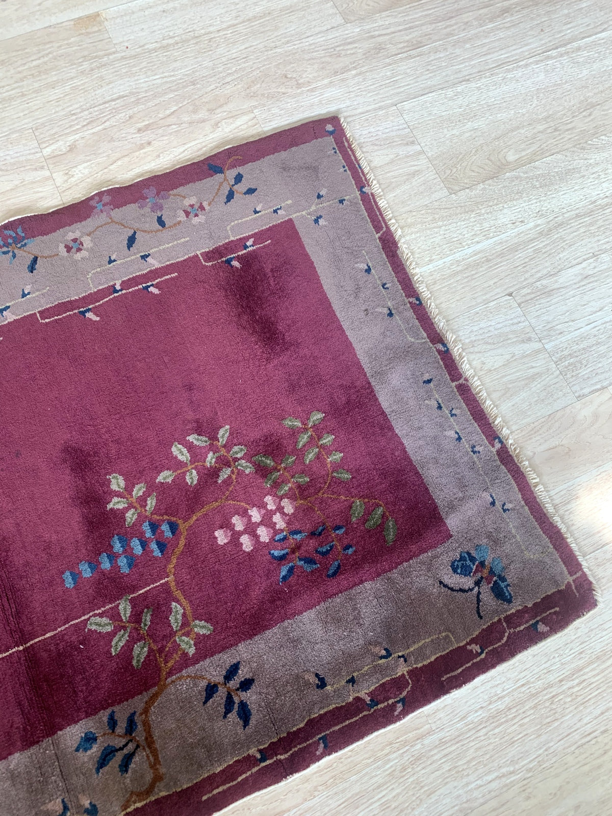 Close-up shots of the antique Chinese rug highlighting its unique design, craftsmanship, and fine wool material