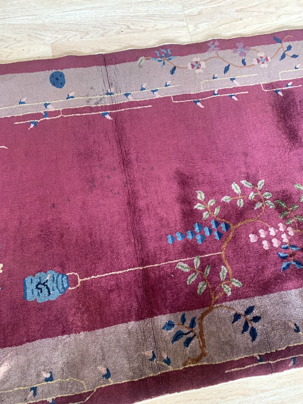Detailed images of the handmade antique Chinese rug showcasing its fine details, unique design, and vintage flair