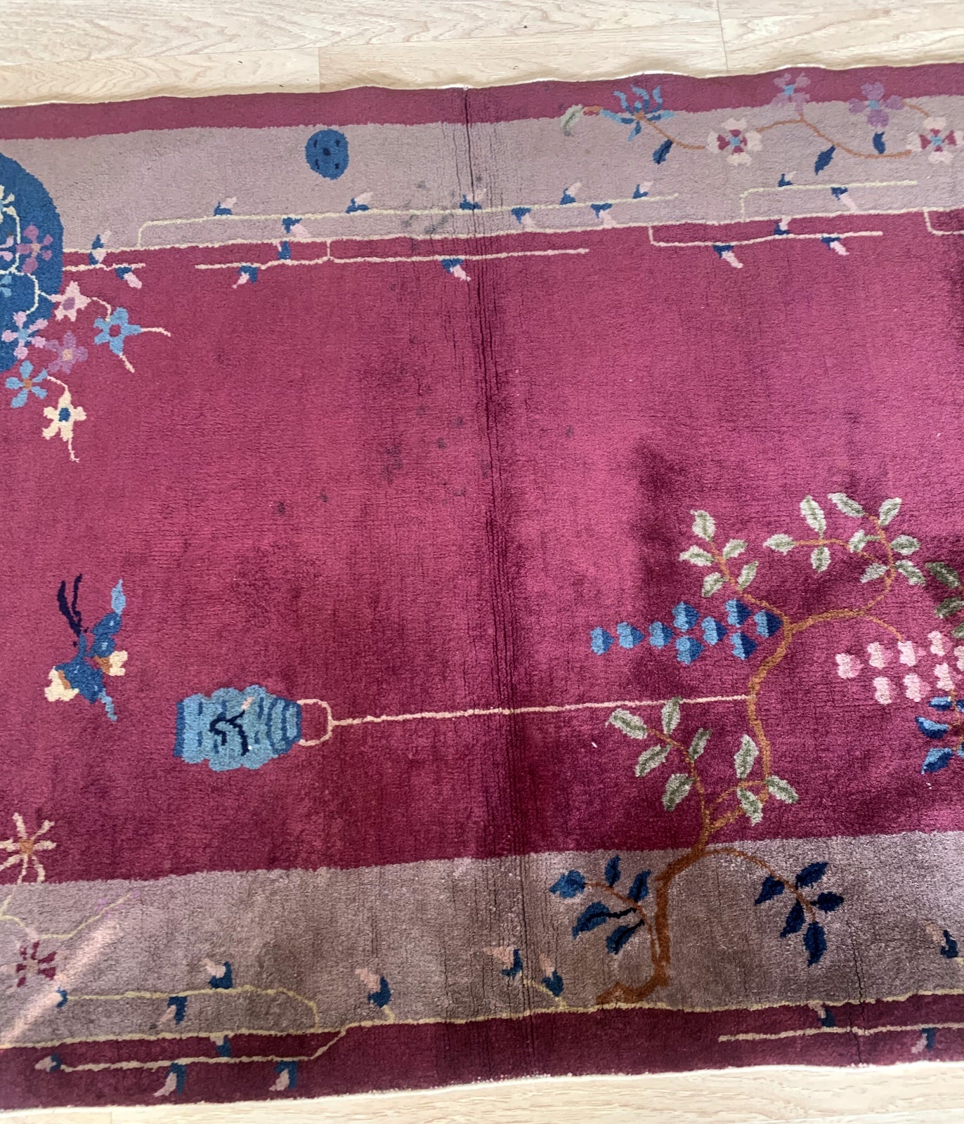 High-resolution images of the Art Deco Chinese rug showcasing its fine craftsmanship, colors, and patterns