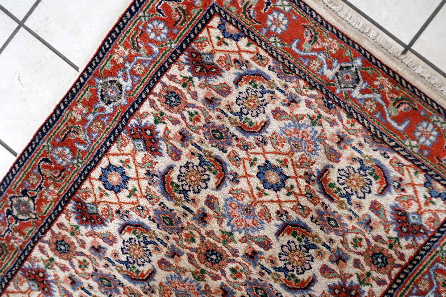 Handmade vintage Persian Mahal runner in all-over design. The runner is from the end of 20th century in good condition, it has some old restoration on one part of the border.