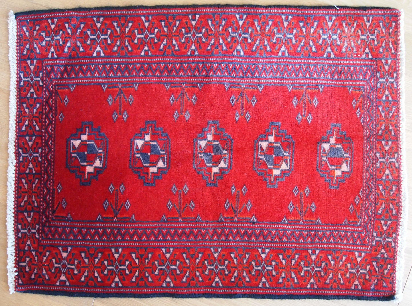 Main view of Handmade Vintage Turkmen Rug in Bright Red and Purple