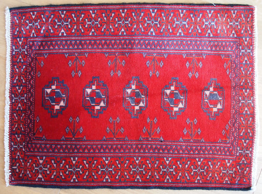 Main view of Handmade Vintage Turkmen Rug in Bright Red and Purple