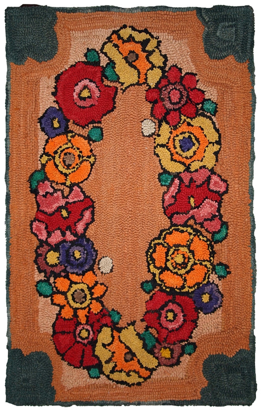 Handmade vintage American hooked rug with colorful flowers