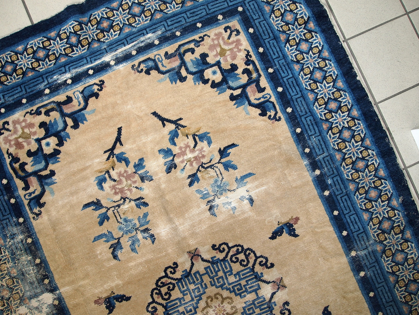Close-up of Distressed Peking Chinese Rug - Vintage Oriental Art