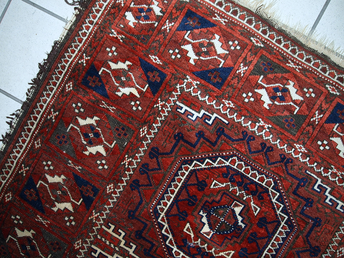 Antique hand made Afghan Baluch rug in original condition, has some age wear. The rug is in traditional deep burgundy shade with navy blue and white accents, has very rich combination of colors.