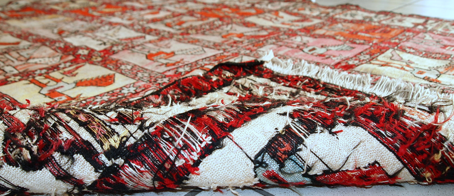 Vintage Persian flat-weave in original good condition. This kilim was made out of artificial silk on cotton base. It has very unusual design of repeated roosters in different shades. It has been made with an accent of warn effect, but it is actually in original good condition.