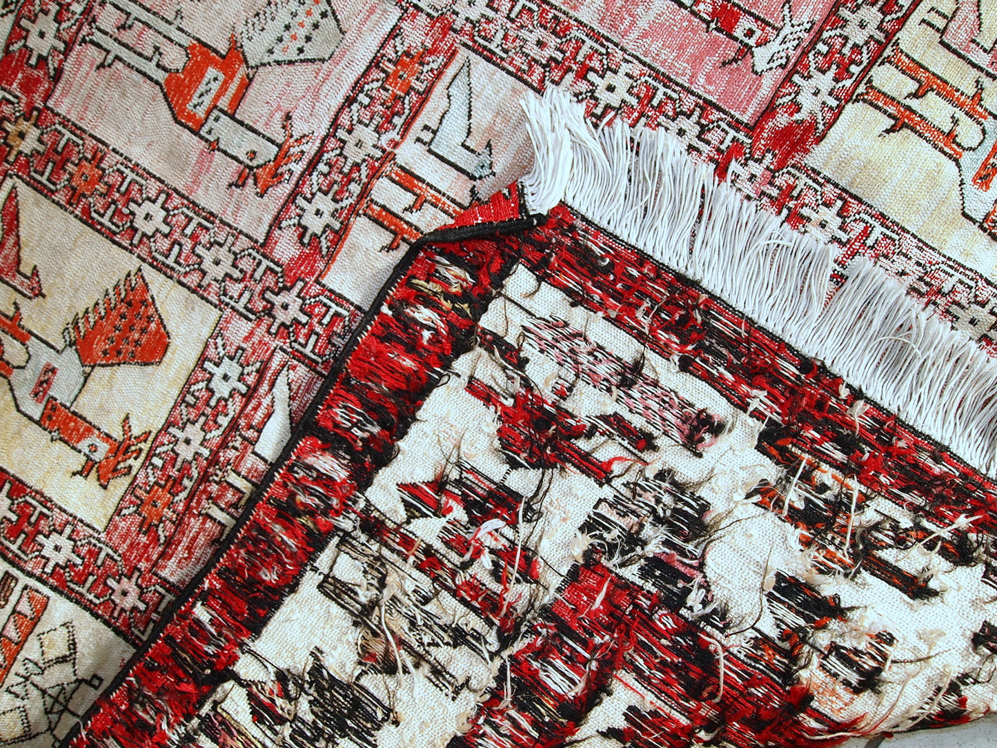Vintage Persian flat-weave in original good condition. This kilim was made out of artificial silk on cotton base. It has very unusual design of repeated roosters in different shades. It has been made with an accent of warn effect, but it is actually in original good condition.
