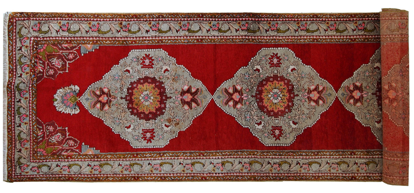 Handmade vintage Turkish Oushak runner 3.6' x 11.1' (110cm x 340cm) 1940s - 1C515
