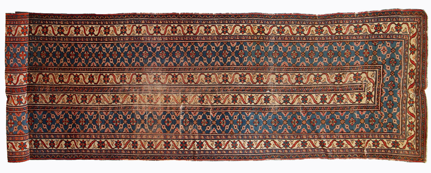 Handmade antique Persian Mashad runner 4.3' x 14' (132cm x 427cm) 1900s - 1C587