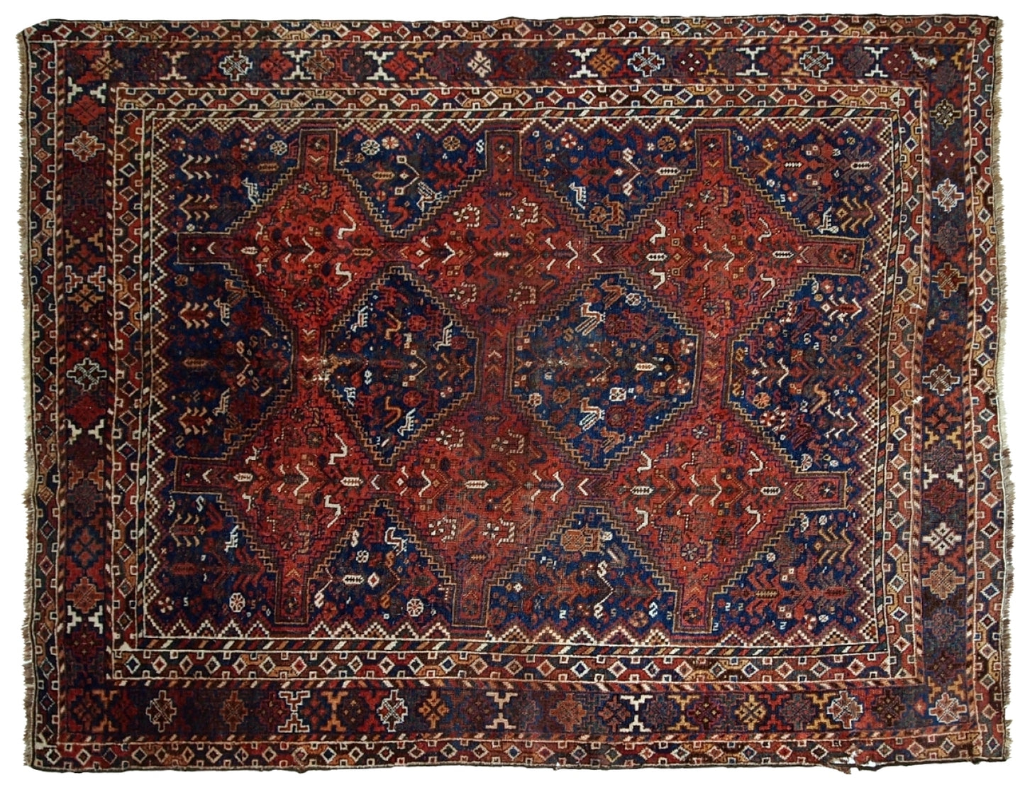 Tapis persan Khamseh antique fait main 1,83 m x 1,95 m (156 cm x 194 cm) années 1900 - 1C595