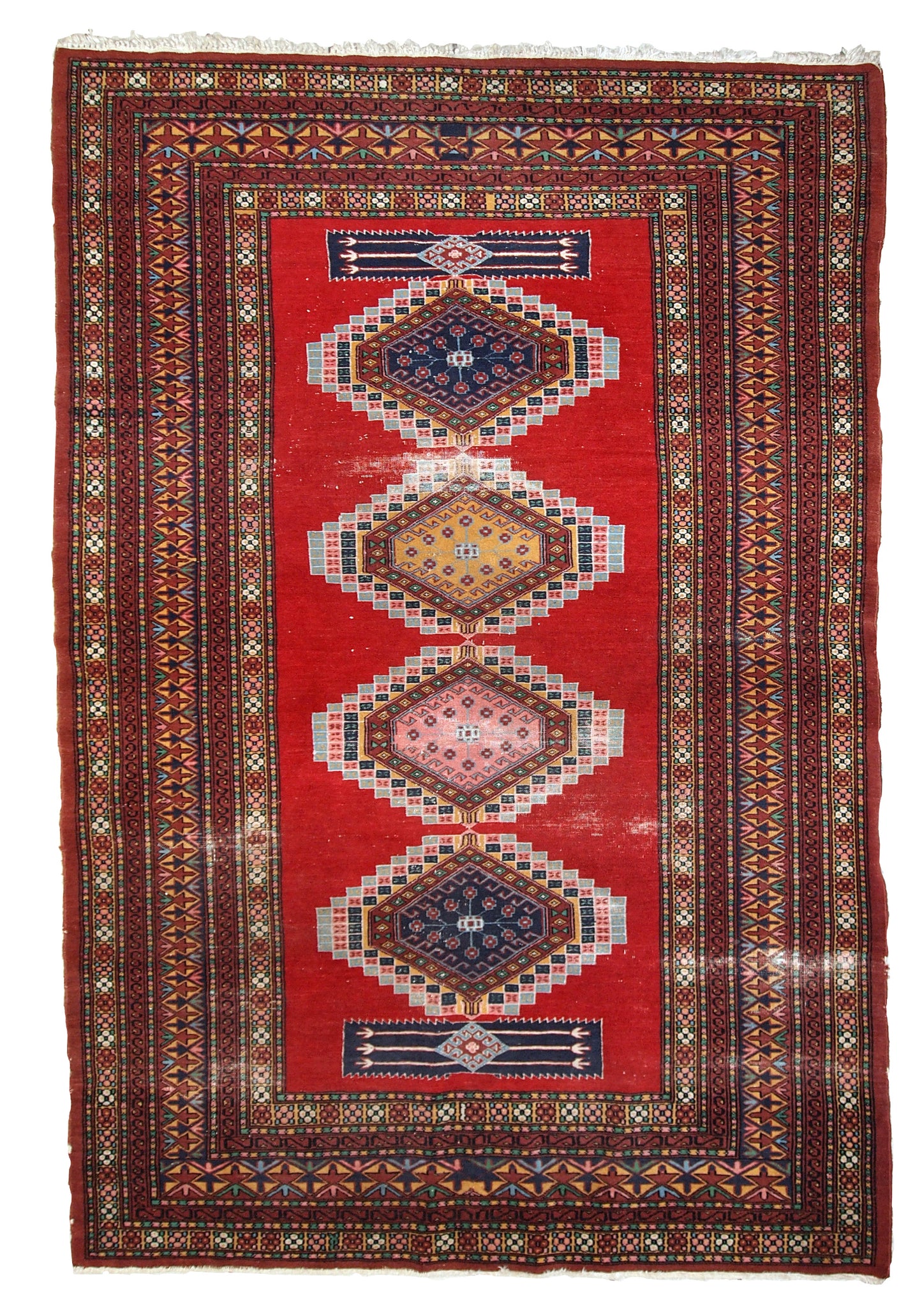 Handmade vintage distressed Uzbek Bukhara rug, 1960s