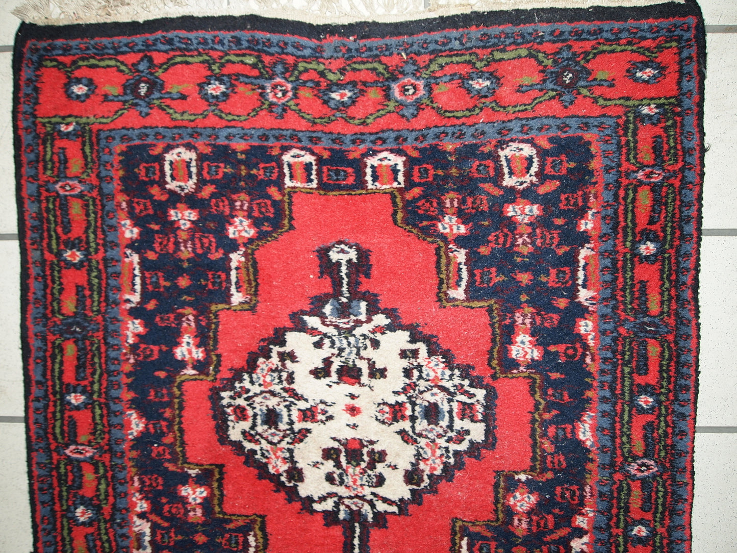Handmade vintage Persian Hamadan rug in bright red color. The rug is in original good condition from the end of 20th century.