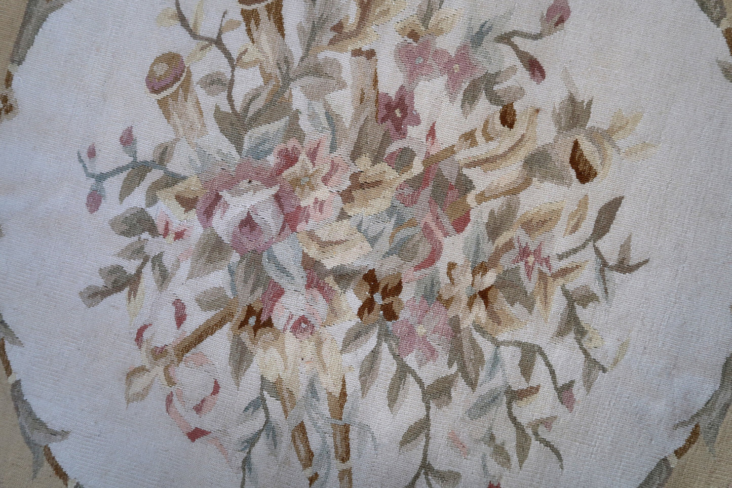 Handmade vintage French Aubusson rug in original good condition. This rug is one of a kind made in France in the end of 20th century.