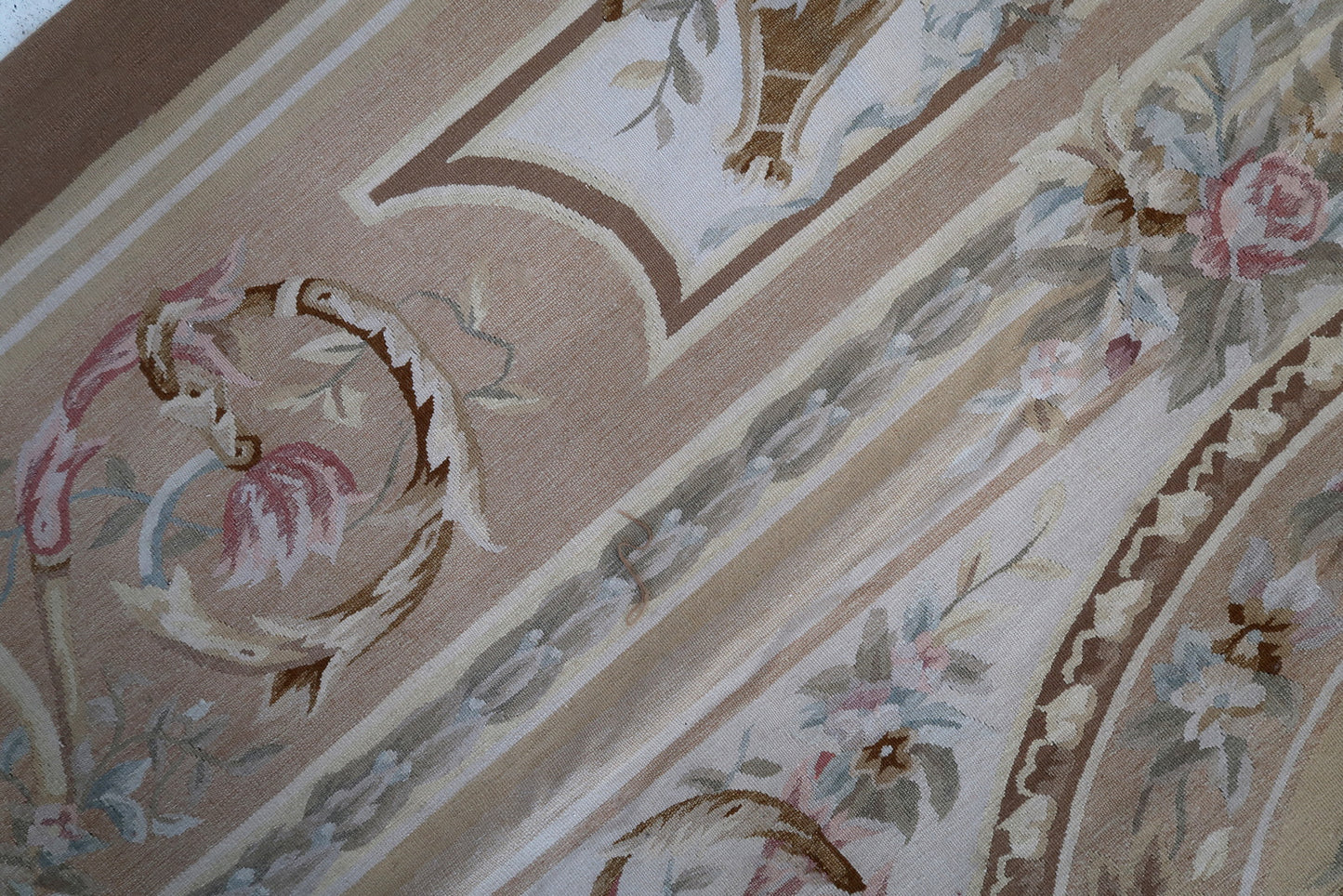 Handmade vintage French Aubusson rug in original good condition. This rug is one of a kind made in France in the end of 20th century.
