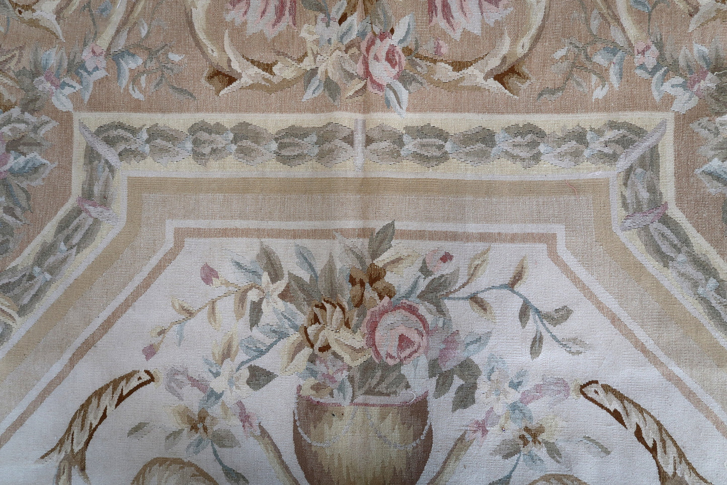 Handmade vintage French Aubusson rug in original good condition. This rug is one of a kind made in France in the end of 20th century.