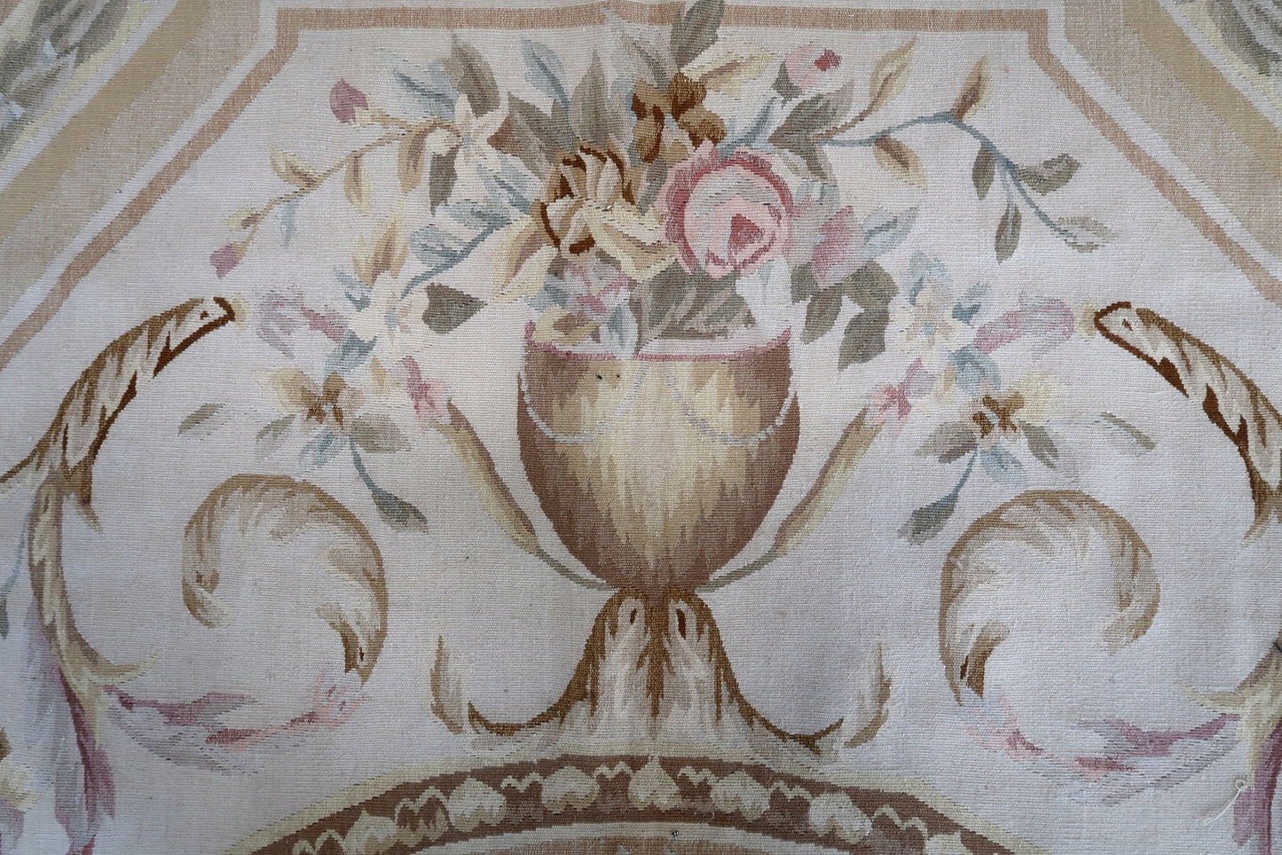 Handmade vintage French Aubusson rug in original good condition. This rug is one of a kind made in France in the end of 20th century.