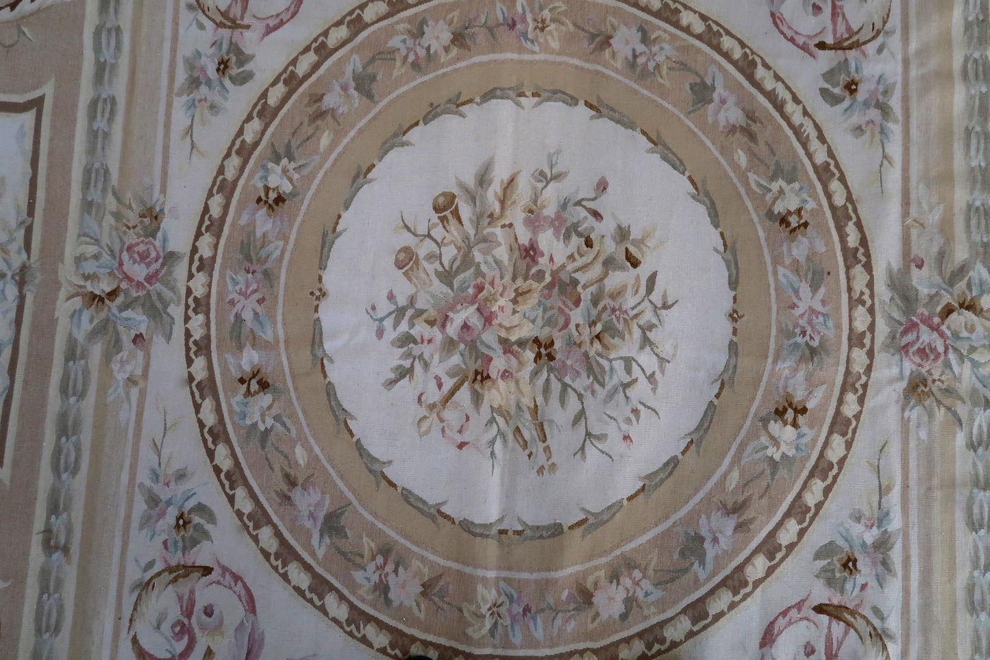 Handmade vintage French Aubusson rug in original good condition. This rug is one of a kind made in France in the end of 20th century.