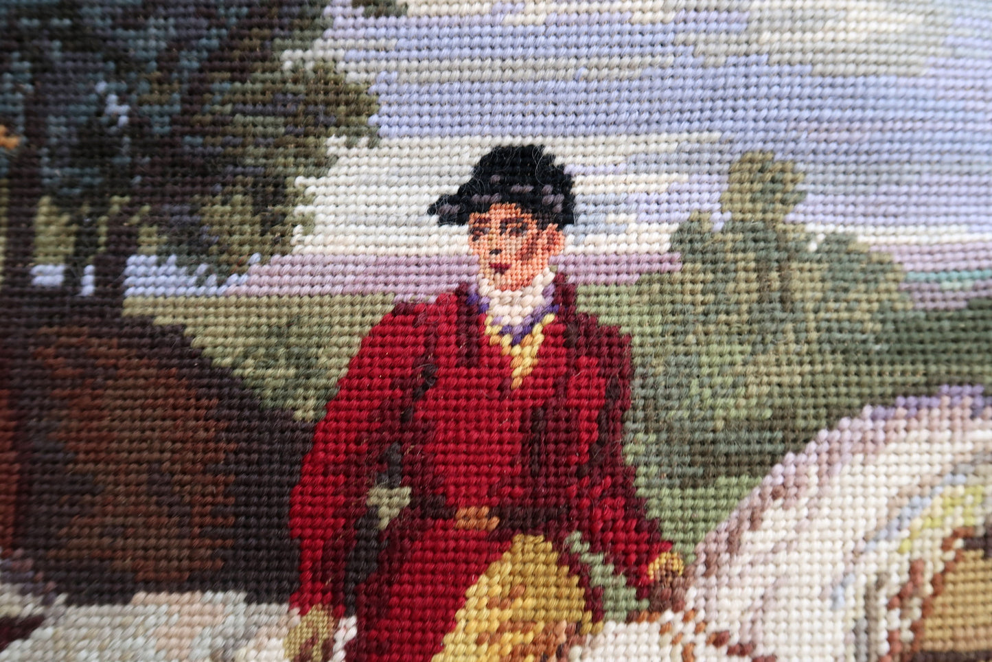 Vintage tapestry from France with hunting scene. The tapestry is from the middle of 20th century in original good condition. The rug made in cotton and the frame is from velour.