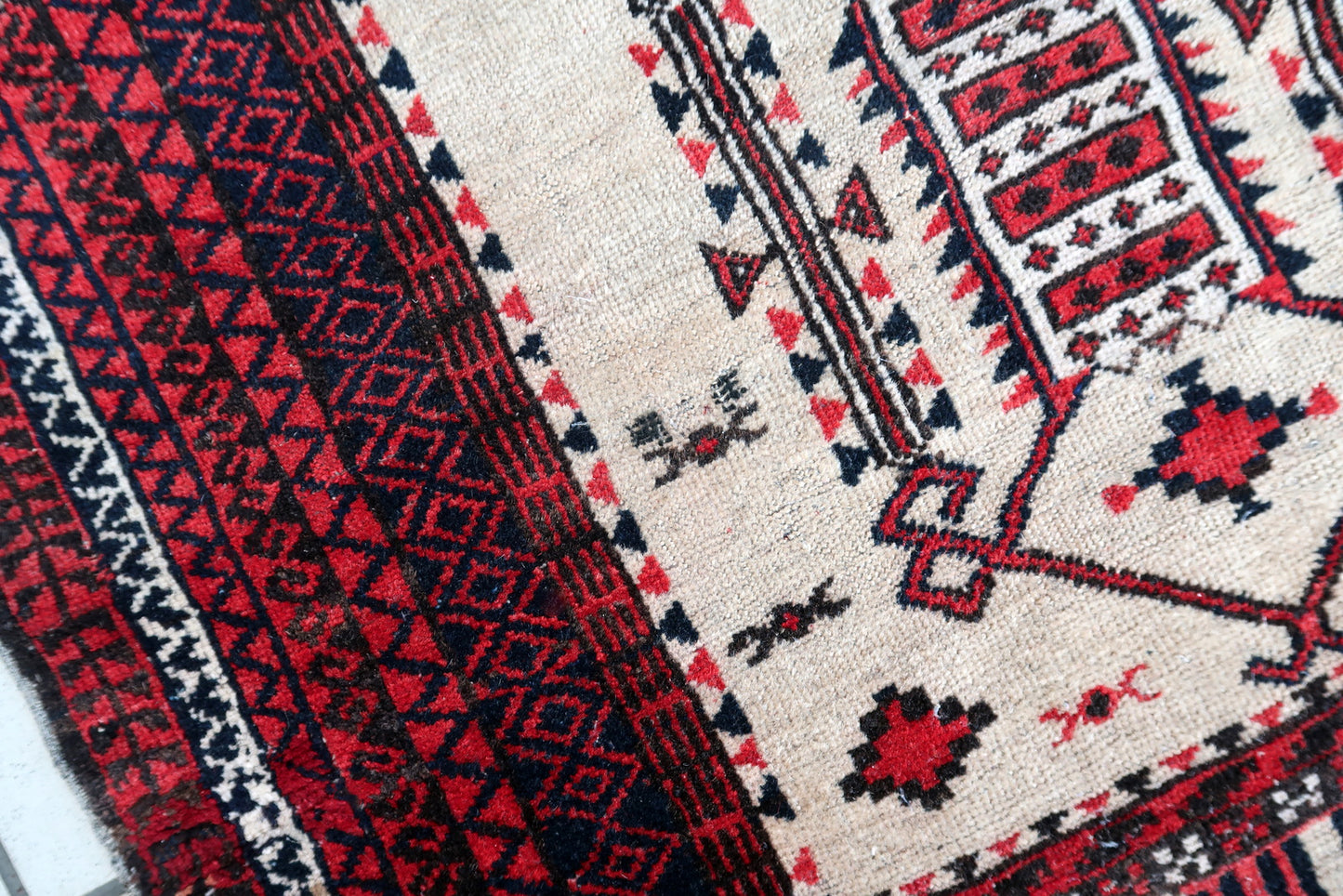 Handmade antique Afghan rug from Baluchi region. This prayer rug made in the beginning of 20th century, it is in original condition, has some low pile. 