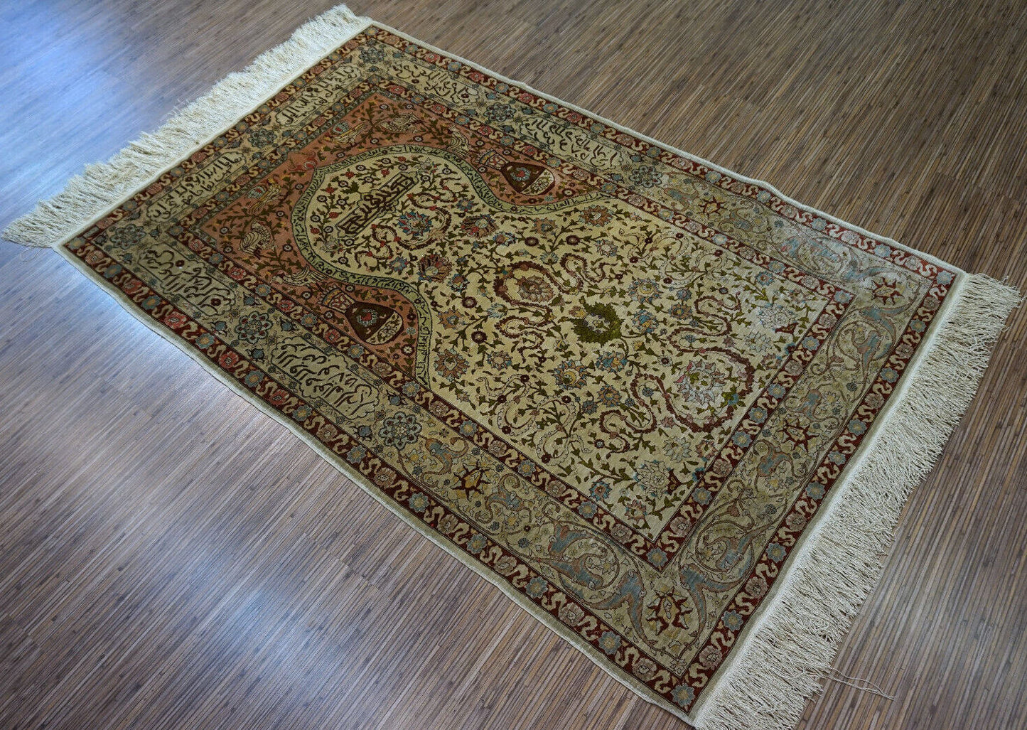 Handmade vintage Turkish Hereke silk prayer rug 1950s