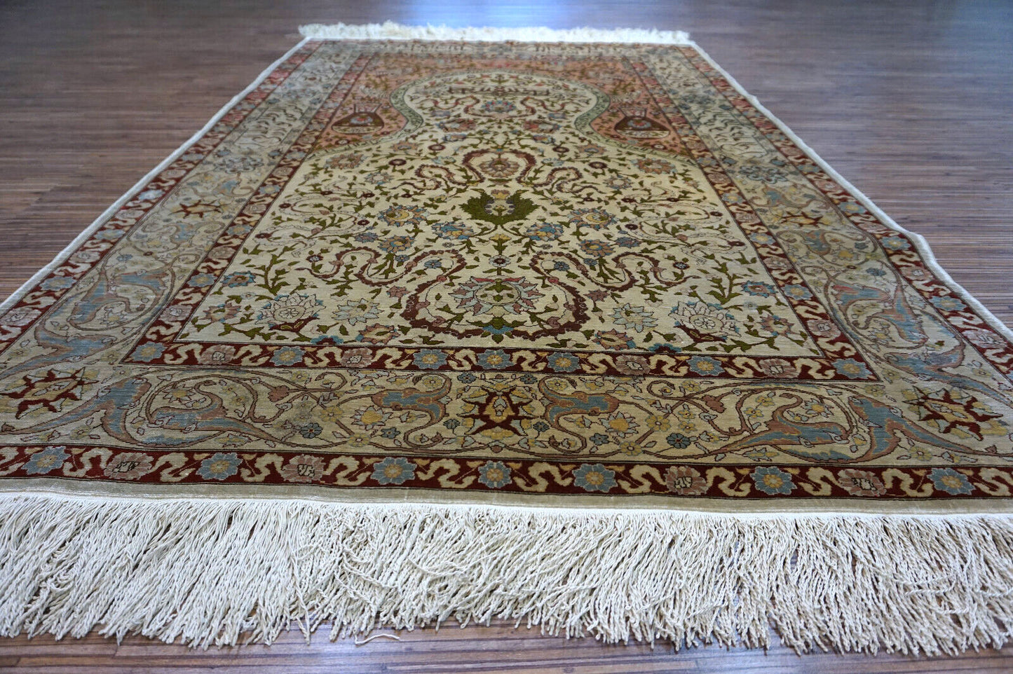 Handmade vintage Turkish Hereke silk prayer rug 1950s
