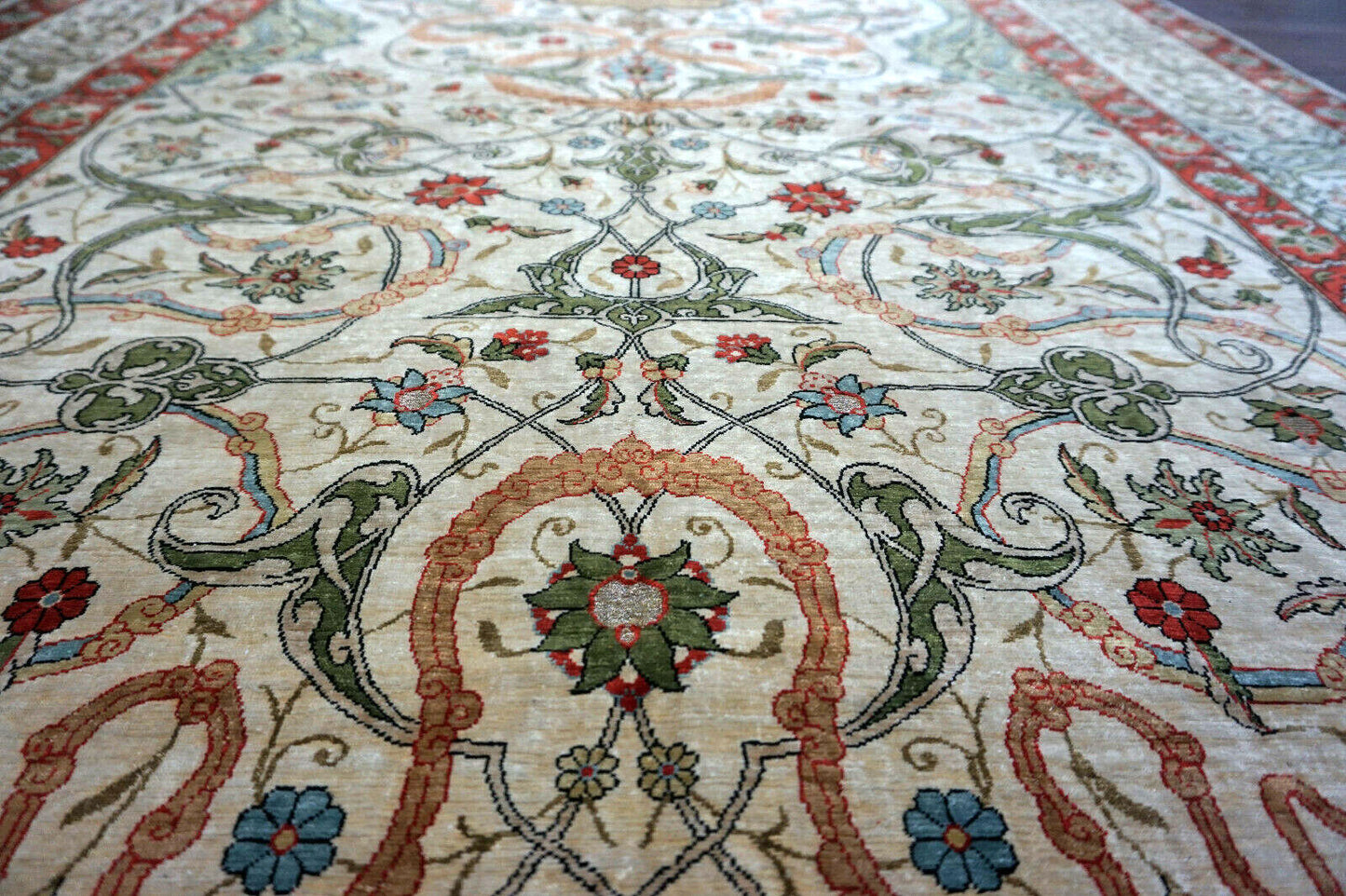 Handmade vintage Turkish Hereke rug made in natural silk and prayer design. The rug is from the middle of 20th century in original good condition.