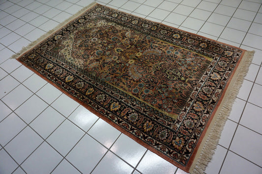 Handmade Vintage Indian Kashmir Silk Rug with Prayer Design in Black, Red, Yellow, Beige, and Turquoise Colors